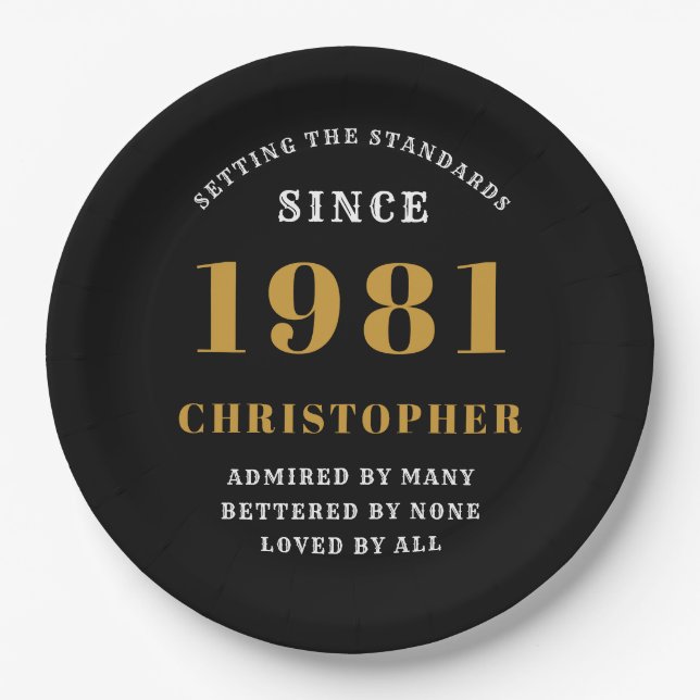 40th Birthday 1981 Black Gold For Him Personalised Paper Plate (Front)