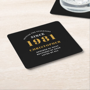 40th Birthday 1981 Black Gold For Him Personalised Square Paper Coaster