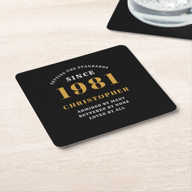 40th Birthday 1981 Black Gold For Him Personalised Square Paper Coaster (Angled)