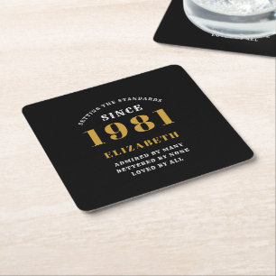 40th Birthday 1981 Black Gold lady's Personalised Square Paper Coaster