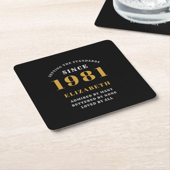 40th Birthday 1981 Black Gold lady's Personalised Square Paper Coaster (Angled)