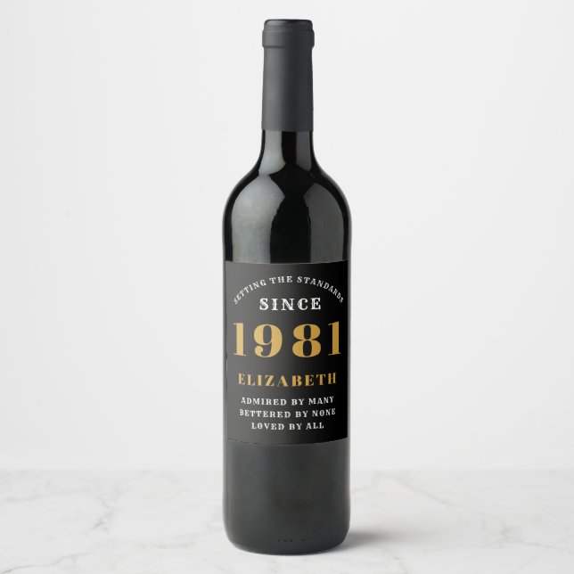 40th Birthday 1981 Black Gold lady's Personalised Wine Label (Front)
