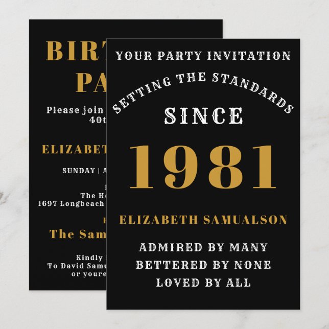 40th Birthday 1981 Black Gold Personalised For Her Invitation (Front/Back)