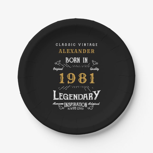 40th Birthday 1981 Legendary Personalised Retro Paper Plate (Front)