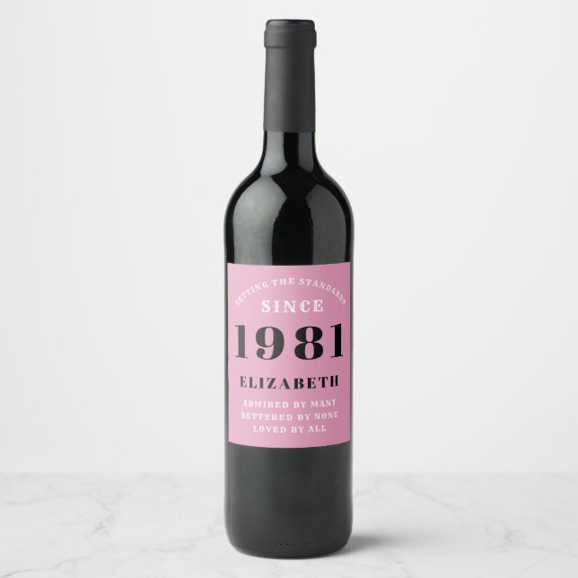 40th Birthday 1981 Pink Black lady's Personalised Wine Label (Front)