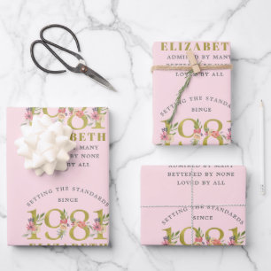 40th Birthday 1981 Pink Gold Floral Personalized Wrapping Paper Sheet