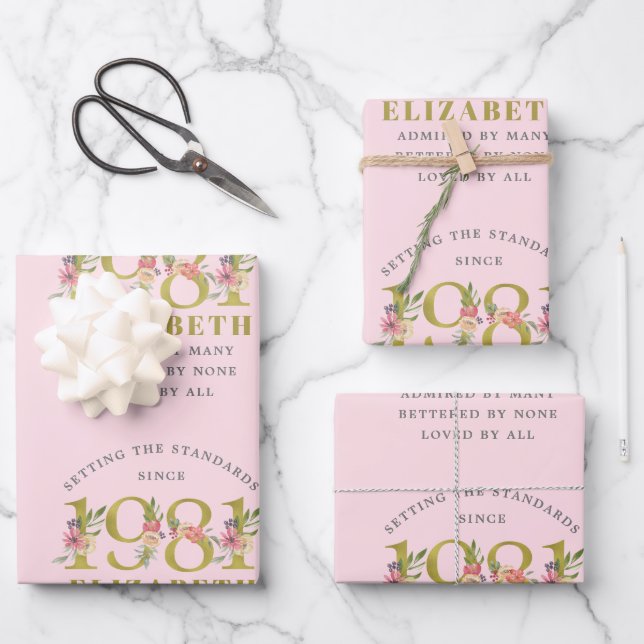 40th Birthday 1981 Pink Gold Floral Personalized Wrapping Paper Sheet (Front)