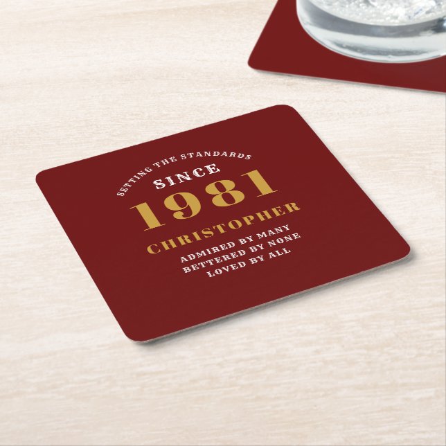 40th Birthday 1981 Red Gold For Him Personalised Square Paper Coaster (Angled)