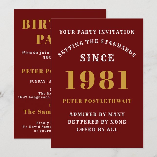 40th Birthday 1981 Red Gold Personalised For Him Invitation (Front/Back)