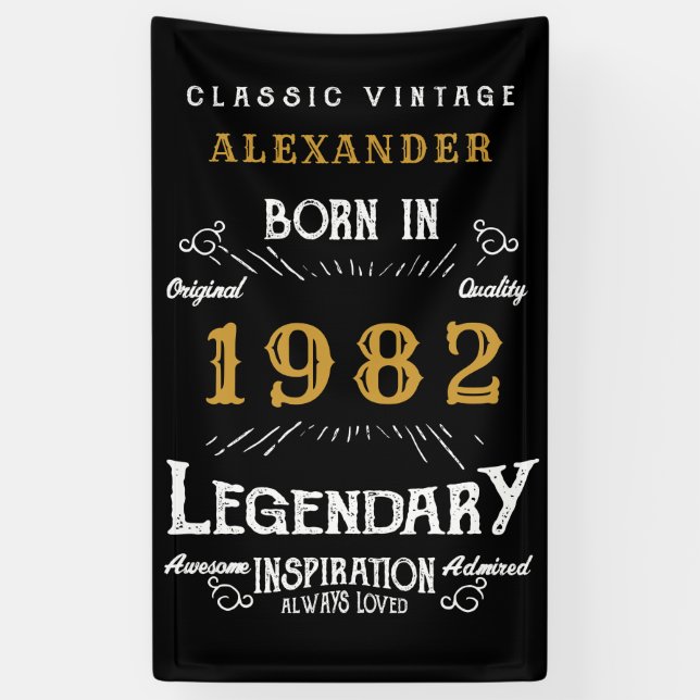 40th Birthday 1982 Add Name Black Gold Legendary Banner (Vertical)
