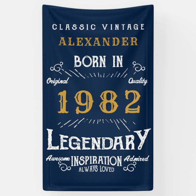 40th Birthday 1982 Add Name Blue Gold Legendary Banner (Vertical)