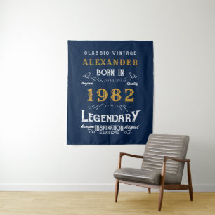 40th Birthday 1982 Add Name Legendary Blue Gold Tapestry
