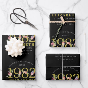 40th Birthday 1982 Black Gold Floral Personalised Wrapping Paper Sheet