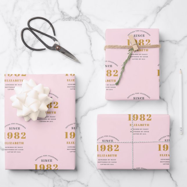 40th Birthday 1982 Elegant Gold pink Grey Wrapping Paper Sheet (Front)