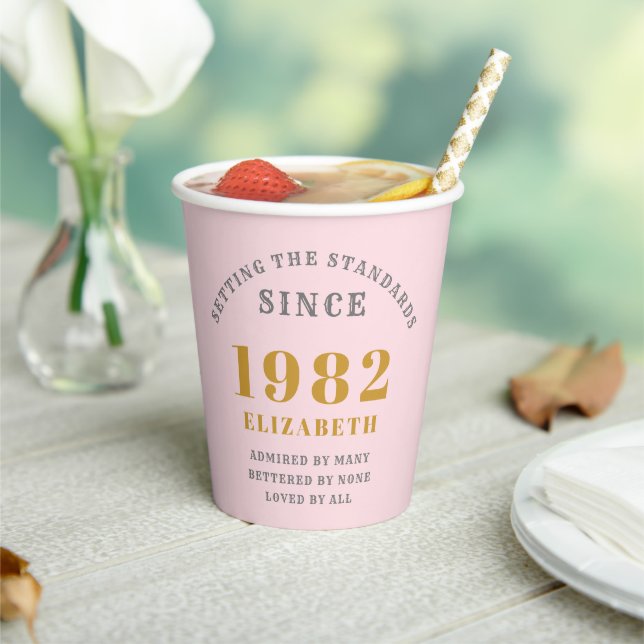 40th Birthday 1982 Elegant Pink Grey Gold Chic Paper Cups (Insitu)