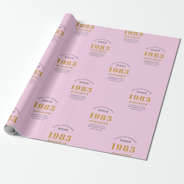 40th Birthday 1983 Add Name Pink Grey Wrapping Paper (Unrolled)
