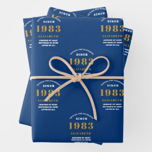 40th Birthday 1983 Blue Gold Chic Elegant Wrapping Paper Sheet