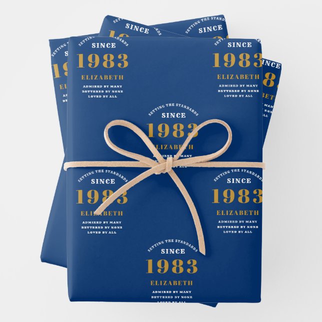 40th Birthday 1983 Blue Gold Chic Elegant Wrapping Paper Sheet (In situ)