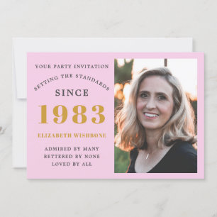 40th Birthday 1983 Name Photo Pink Grey Invitation