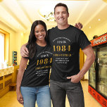 40th Birthday 1984 Add Name Black Gold Party T-Shirt<br><div class="desc">Custom 40th Birthday Guest of Honour Black and Gold T-Shirt – Born 1984 Edition. Celebrate your milestone birthday in style with our Custom 40th Birthday Guest of Honour t-shirt. Our black and gold tee is the perfect statement piece for this special occasion. With a design that proudly features '1984', wear...</div>