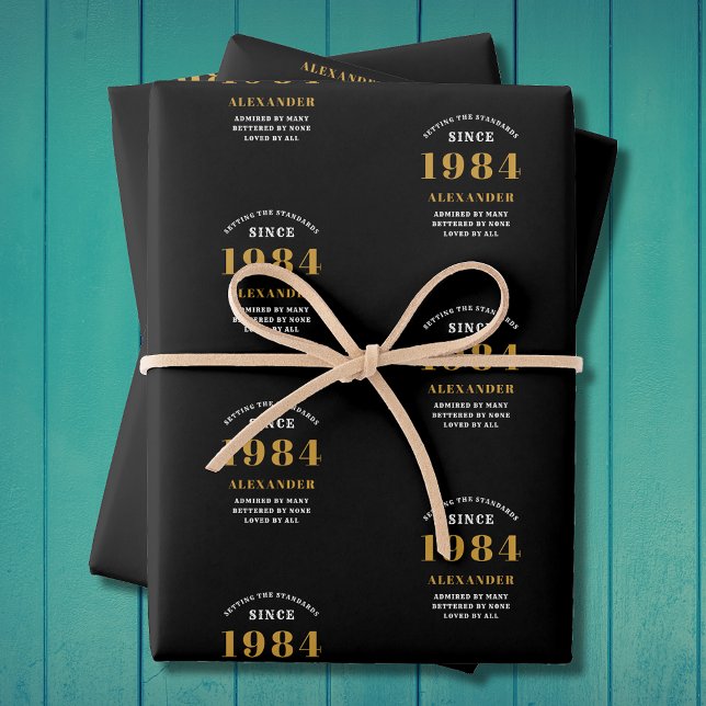 40th Birthday 1984 Black Gold Chic Elegant Wrapping Paper Sheet (40th Birthday Chic 1984 Themed Black & Gold Elegant Wrapping Paper Sheets. Fully personalized.)