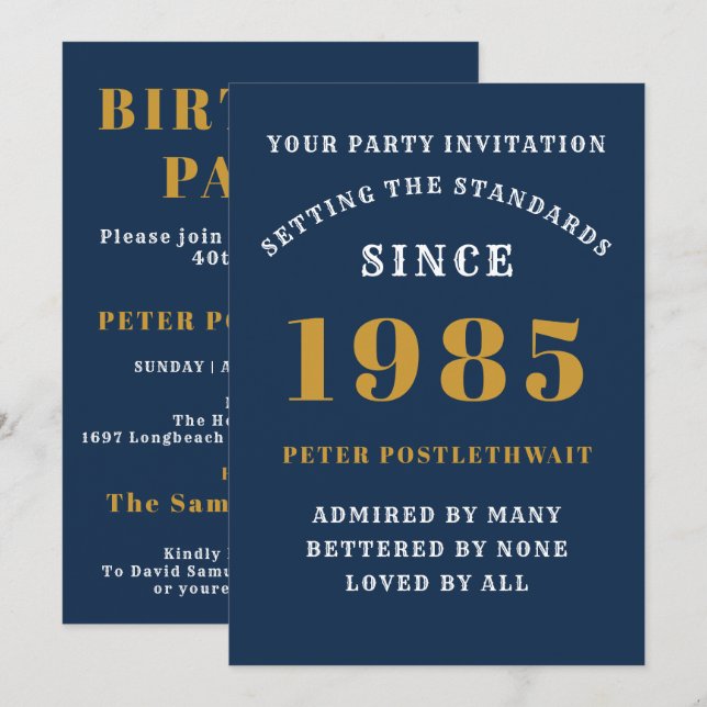 40th Birthday 1985 Blue Gold Personalised For Him Invitation (Front/Back)