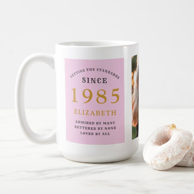 40th Birthday 1985 Pink Grey Add Name Photo Large Coffee Mug (With Donut)