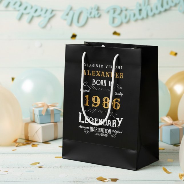 40th Birthday 1986 Add Name Legend Black Gold Medium Gift Bag (Born 1986 birthday gift bag. Background out of focus.)