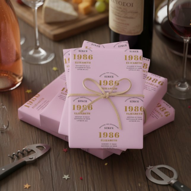 40th Birthday 1986 Add Name Pink Grey Wrapping Paper Sheet (Personalized pink 1986 wrapping paper)