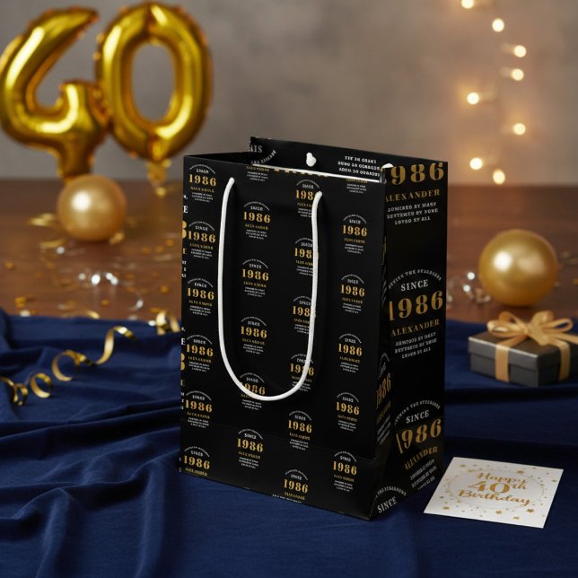 40th Birthday 1986 Black Gold Chic Elegant Medium Gift Bag (Born 1986 birthday gift bag. Background out of focus.)