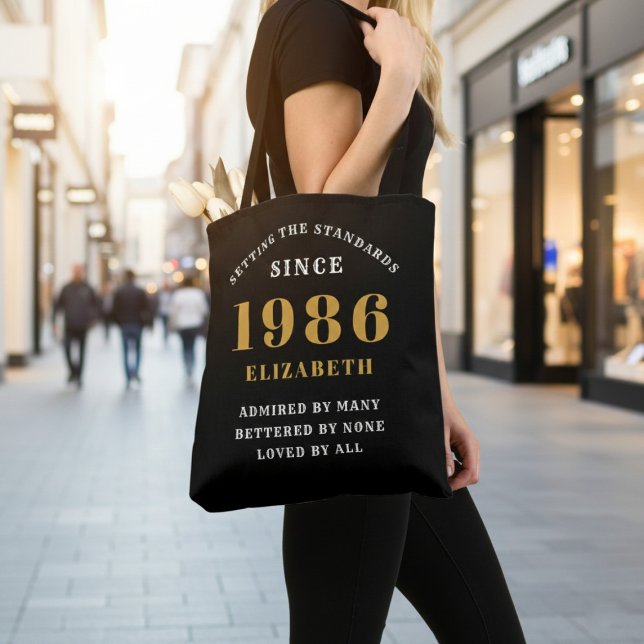 40th Birthday 1986 Black Gold For Her Personalized Tote Bag (Born 1986 birthday tote bag. Background out of focus.)