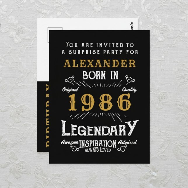 40th Birthday 1986 Black Gold Legend Invitation Postcard (1986 birthday invitation postcard. Background white lace.)