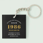 40th Birthday 1986 Black Gold Personalized Key Ring<br><div class="desc">40th birthday born 1986 keychain. A personalized classic design for that birthday celebration for a special woman. Add the name to this vintage retro style , white and gold design for a custom birthday gift. Easily edit the name and year with the template provided. A wonderful custom birthday gift. More...</div>