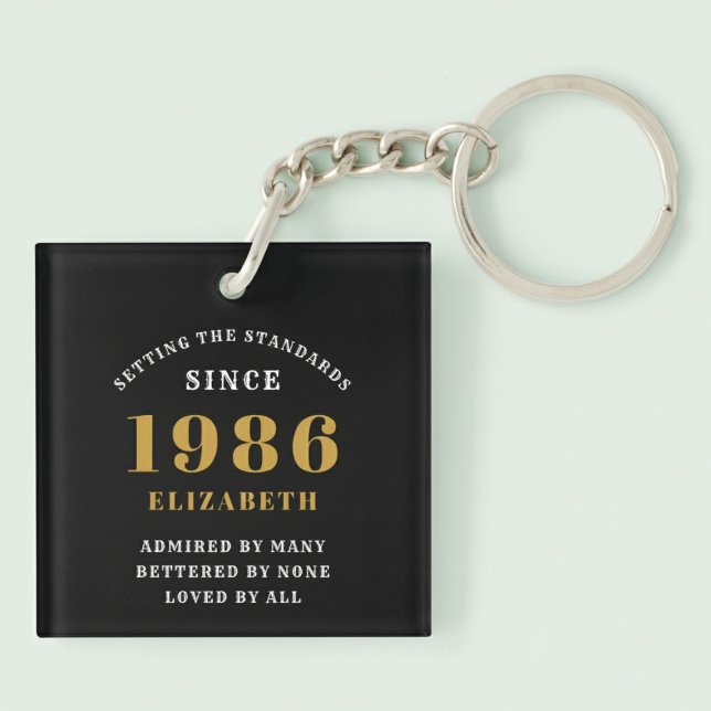 40th Birthday 1986 Black Gold Personalized Key Ring (Born 1986 birthday keychain. Pastel background.)