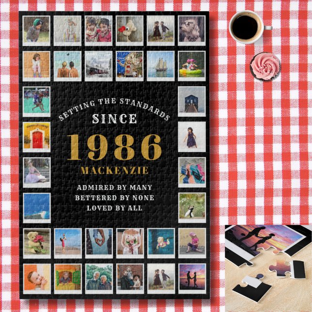 40th Birthday 1986 Family Memories Photo Collage  Jigsaw Puzzle (1986 Photo template jigsaw puzzle. Background checked red and white tablecloth. )