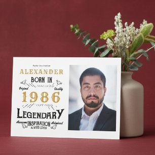 40th Birthday 1986 Legend White & Gold Photo Invitation