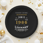 40th Birthday 1986 Legendary Retro Paper Plate<br><div class="desc">For those born in 1986 and celebrating their 40th birthday we have the ideal birthday paper plates. The black background with a white and gold vintage typography design design is simple and yet elegant with a retro feel. Easily customize the text of this birthday gift using the template provided. More...</div>