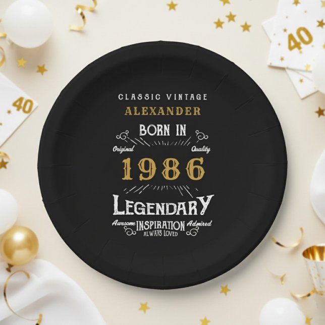 40th Birthday 1986 Legendary Retro Paper Plate (1986 black paper plate on a white and gold background.)
