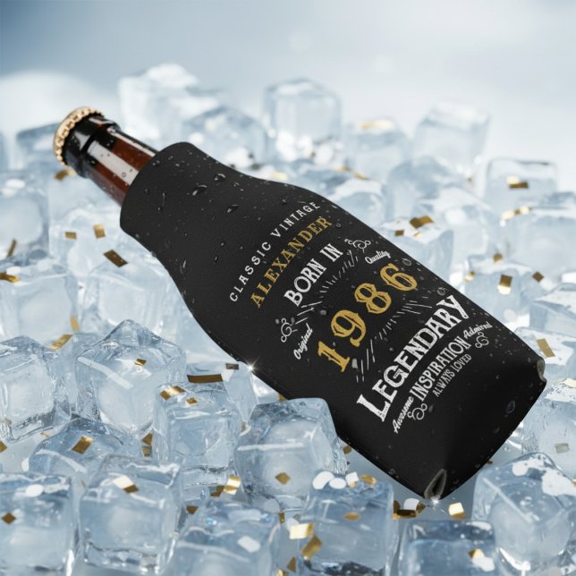 40th Birthday 1986 Name Legend Chic Black Gold Bottle Cooler (Born 1986 bottle cooler on ice.)