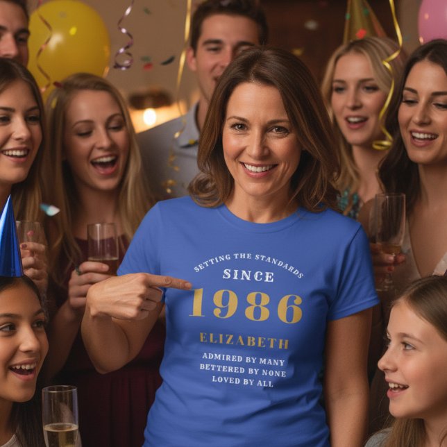 40th Birthday 1986 Personalised Custom Name Blue T-Shirt (Woman wearing a blue personalized 1986 tshirt)