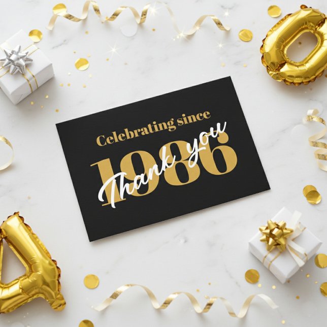 40th Birthday 1986 Retro Black And Gold Thank You Card (Extreme close-up of a black and gold 40th birthday thank you card on a marble table)