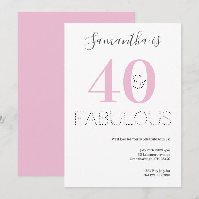 40th Birthday 40 and Fabulous Pink Party Invitation (Front/Back)