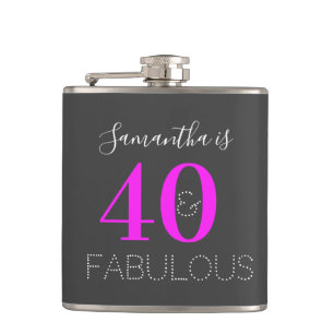 40th Birthday 40 Fabulous Neon Pink Grey Hip Flask