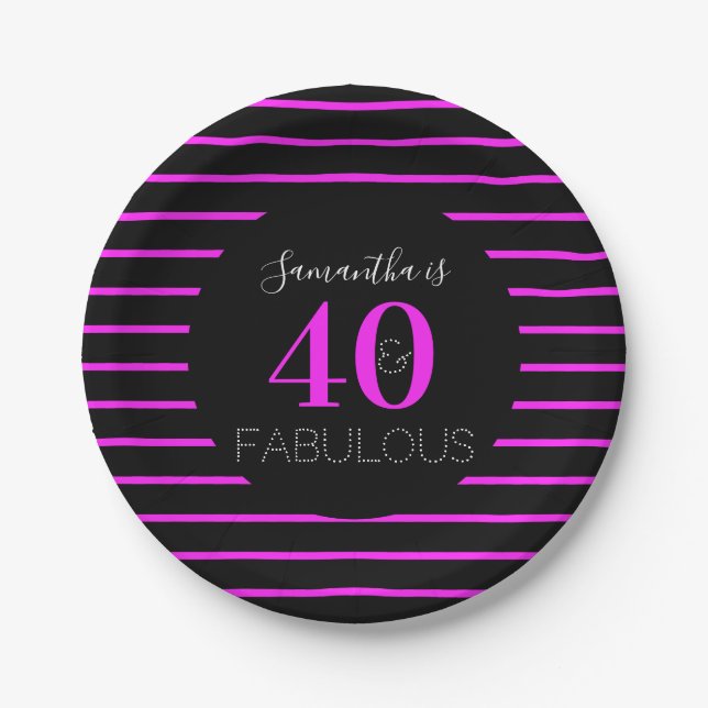 40th Birthday 40 Fabulous Neon Pink Stripe Paper Plate (Front)