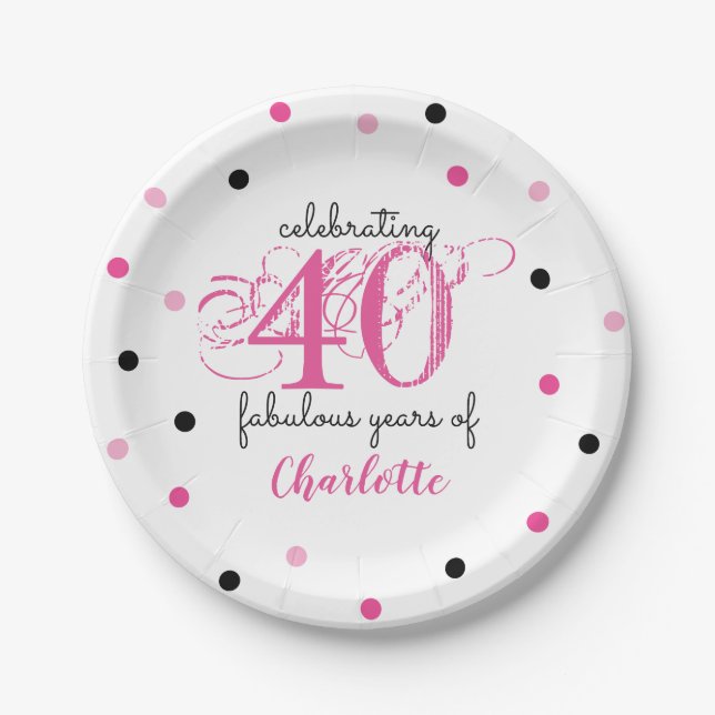 40th birthday 40 fabulous years Pink Add Name Paper Plate (Front)