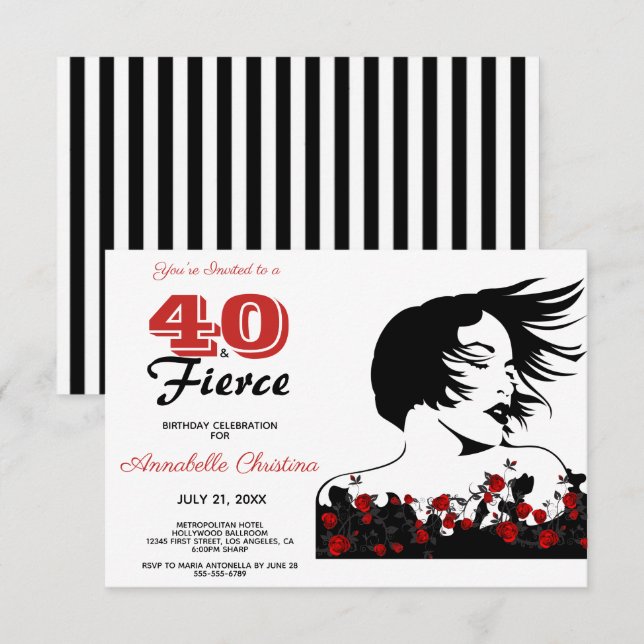 40th Birthday 40 & FIERCE Modern Black/White/Red Invitation (Front/Back)