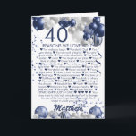 40th Birthday 40 Reasons We Love You Blue Card<br><div class="desc">A gorgeous navy and silver balloon happy 40th (or any age) birthday card. This fabulous design is the perfect way to wish tell someone the 40 reasons you love them, and wish them a happy fortieth birthday (or change the age!) Personalise with our own custom name and message. Blue coloured...</div>