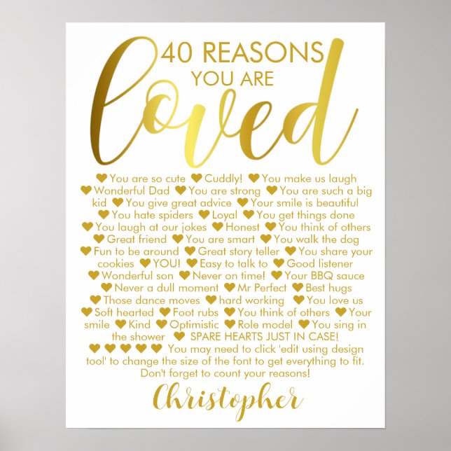 40th Birthday 40 Reasons Why Gold White Poster (Front)