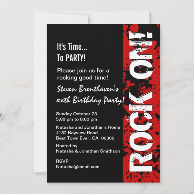 40th Birthday 40 Rocks! Grunge Red and Black A08 Invitation (Back)