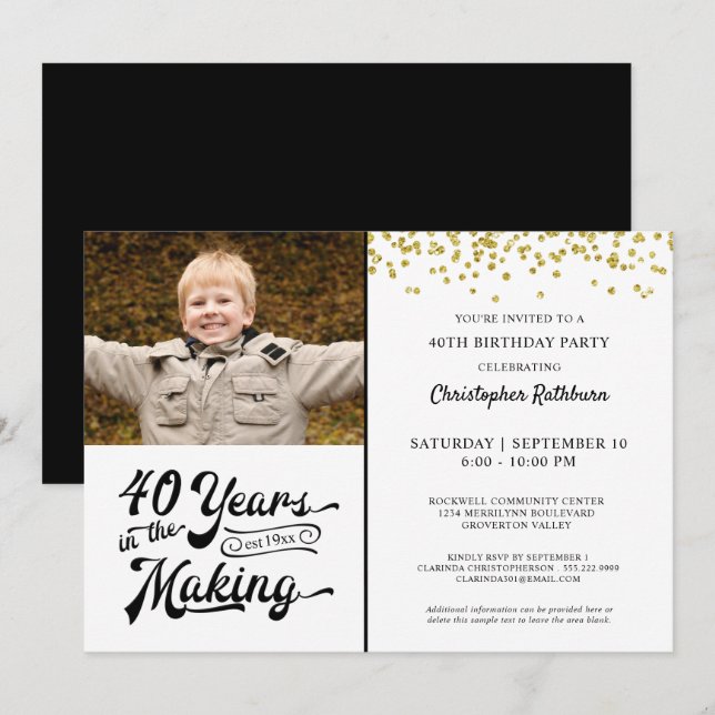 40th Birthday 40 YEARS IN THE MAKING Gold Confetti Invitation (Front/Back)
